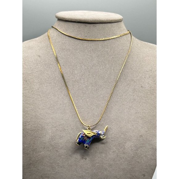Vintage Cloisonne Elephant Necklace Dimensional Blue Enamel and Gold Tone Chain - Picture 2 of 8